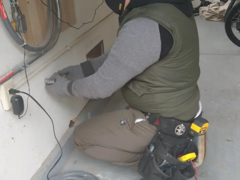 Electrician performing outlet wiring in a Bartlesville garage